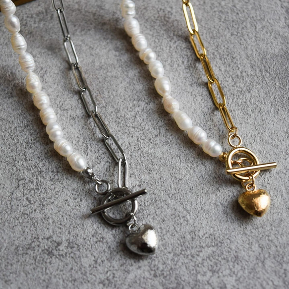 handmade ラリマー 淡水パール ハート ネックレス ① 淡水パール×ハートチャームネックレス ネックレス・ペンダント iconic
