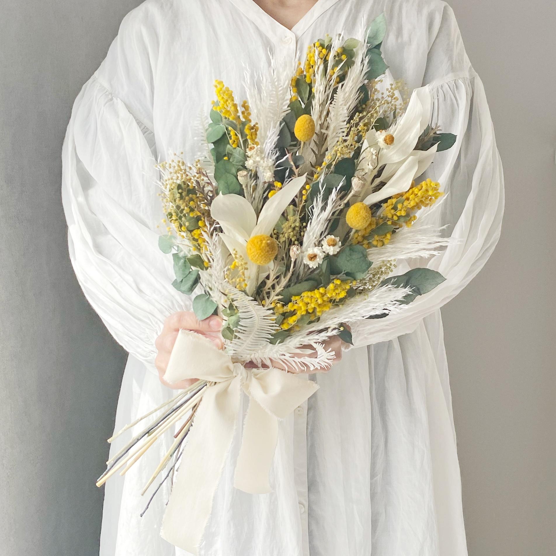 ナチュラルブーケHM ミモザユーカリステュアート　ウェディング　ドライフラワー　プリザーブドフラワー