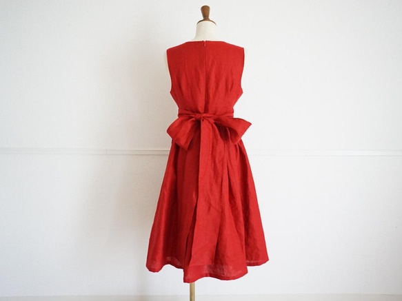 \ 降價70% / 束腰絲帶亞麻連衣裙（紅色）38 第7張的照片