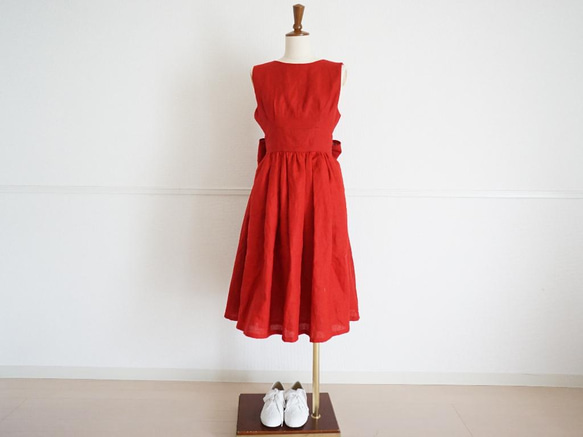 \ 降價70% / 束腰絲帶亞麻連衣裙（紅色）38 第5張的照片