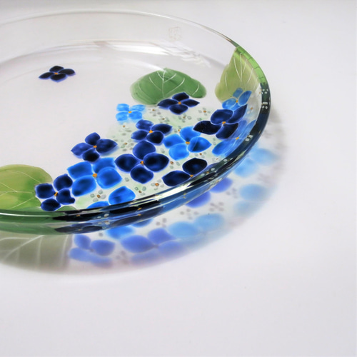 ガラス皿「紫陽花・ブルー」京絵付けガラス 京の色絵ガラス 京都 京焼