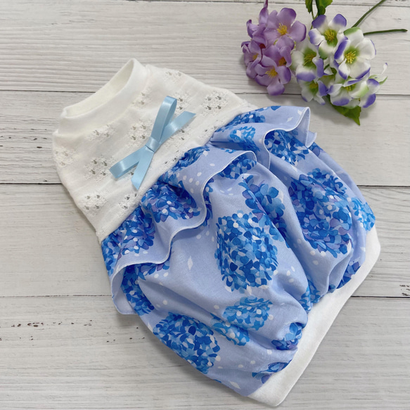 ♡小型犬服♡ハンドメイド♡紫陽花コサージュワンピース♡ブルー
