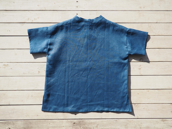 ブルー　リネンTシャツブラウス　着丈62ｃｍ 2枚目の画像