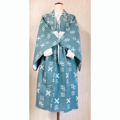 展示品◇着物リメイク◇ セットアップベルト付きブルー花柄1点もの