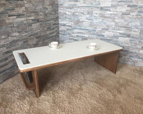 ローテーブル 天板人工大理石 脚パイン集成材 アンティーク風 オイル