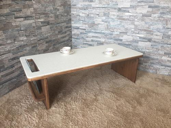 ローテーブル 天板人工大理石 脚パイン集成材 アンティーク風 オイル