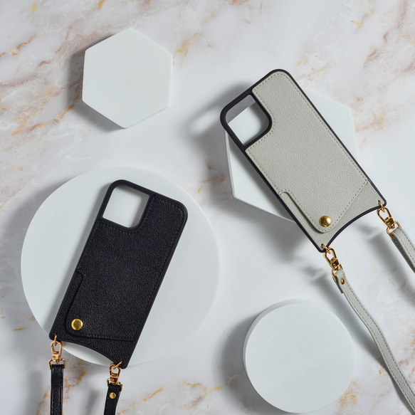 ミラー&カードポケット付き 多機能 iphoneケース ブラック グレー ✿ スマホショルダー　カード収納 2枚目の画像