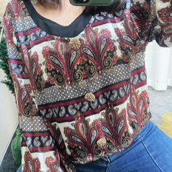 暗紅華麗宮廷蕾絲手袖假兩件 古著光感緞面滑布襯衫上衣 vintage 第6張的照片