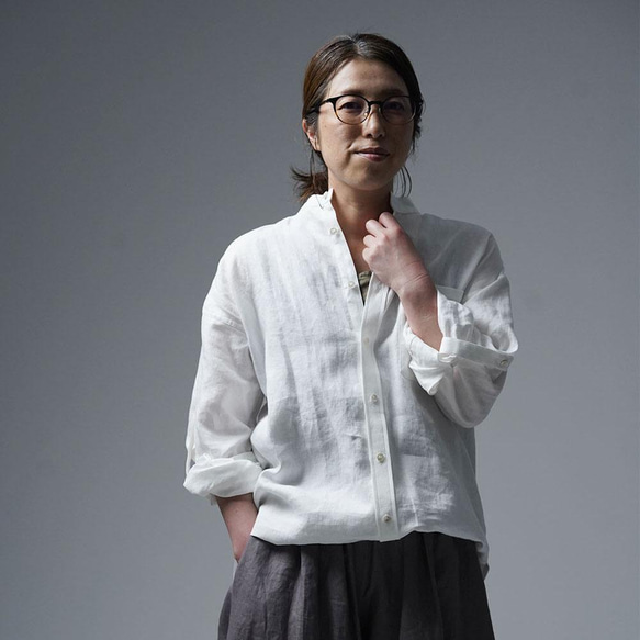 wafu】Linen Shirt スタンドカラー ロールアップシャツ / 白 t021f