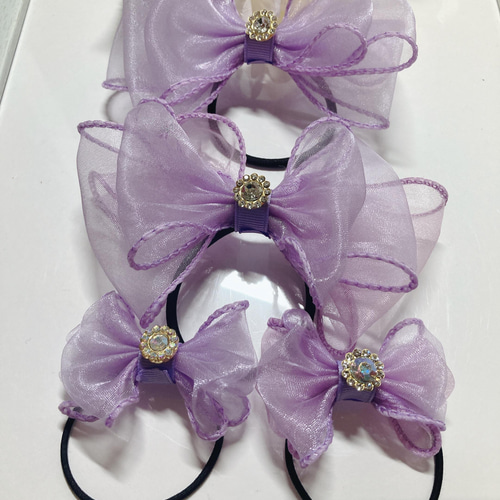 大小4個セット オーガンジー リボン ヘアゴム ビッグ ふわふわ 5