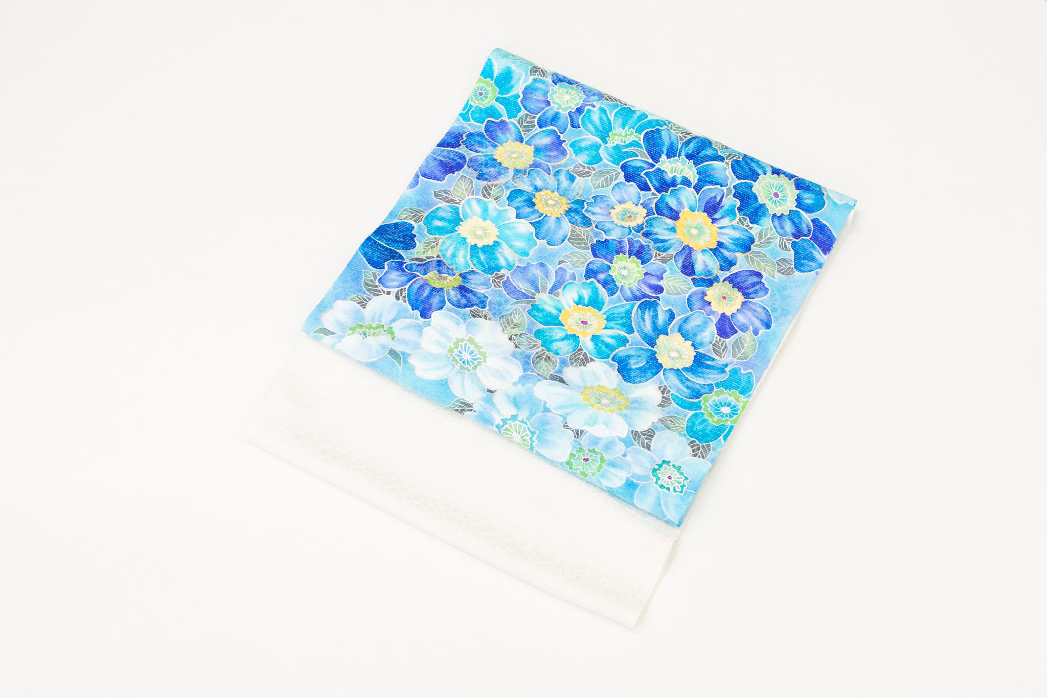 京友禅・名古屋帯 野バラ柄 ブルー系 正絹 オシャレ 染色作家・奥野