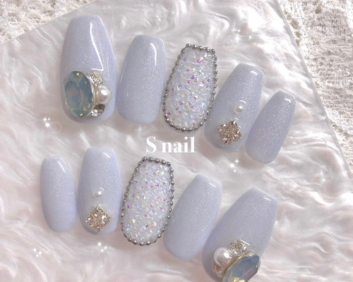 【No.1】オーダーチップ 水色 マグネット 韓国 水色 マグネットネイル キラキラ ネイルチップ 韓国 ワンホン