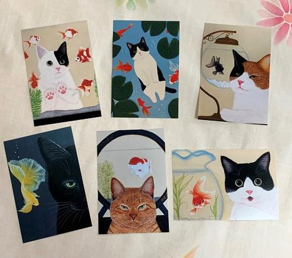 猫心ポストカード／猫と金魚６枚セット／カスタマイズ可 1枚目の画像