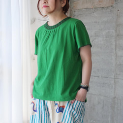 大人のTシャツ かぎ針編み半袖カットソー（21s-14）グリーン 1枚目の画像