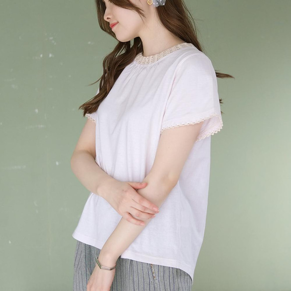 大人のTシャツ かぎ針編み半袖カットソー（21s-14） アイボリー 2枚目の画像