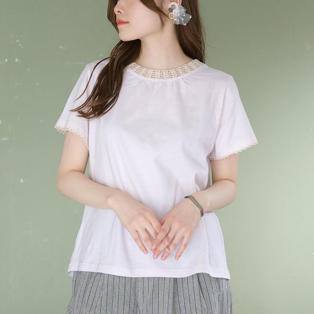【再販】大人のTシャツ かぎ針編み半袖カットソー（21s-14） アイボリー