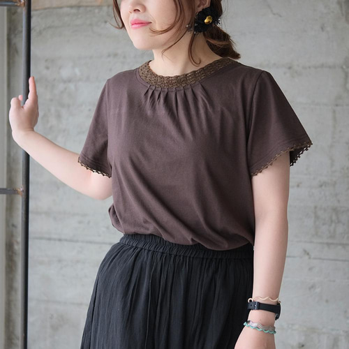大人のTシャツ かぎ針編み半袖カットソー（21s-14） ダークブラウン T 