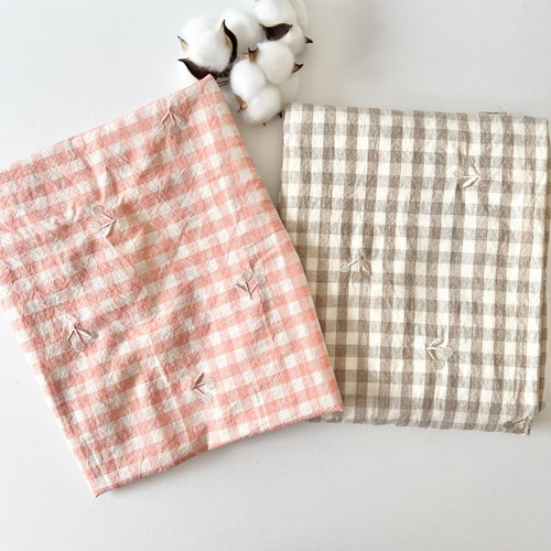 original cotton刺繍生地（チェリー・ギンガムチェック）韓国生地 生地