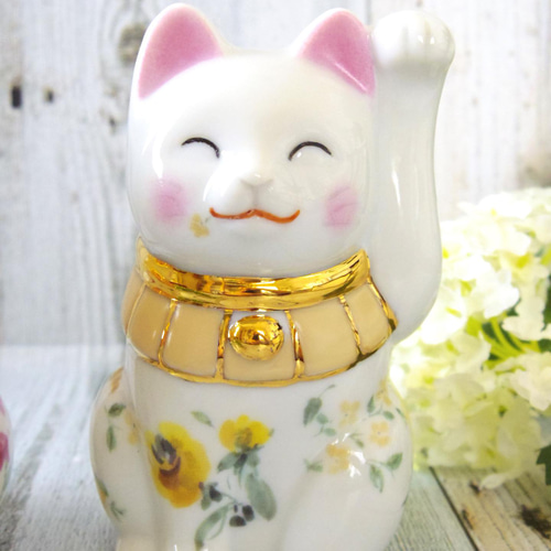 人気デザイナー 花詰タッチ招き猫 作家作品 （全20種 縁起カップ 吉祥/青郊窯 工芸品