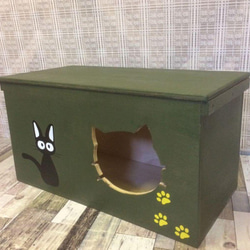 《受注生産C09》りんご箱 蓋付き モスグリーン キャットハウス 猫ハウス 2枚目の画像