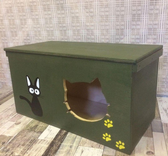 《受注生産C09》りんご箱 蓋付き モスグリーン キャットハウス 猫ハウス 2枚目の画像