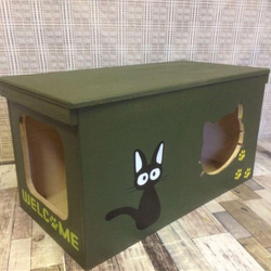 《受注生産C09》りんご箱 蓋付き モスグリーン キャットハウス 猫ハウス 1枚目の画像