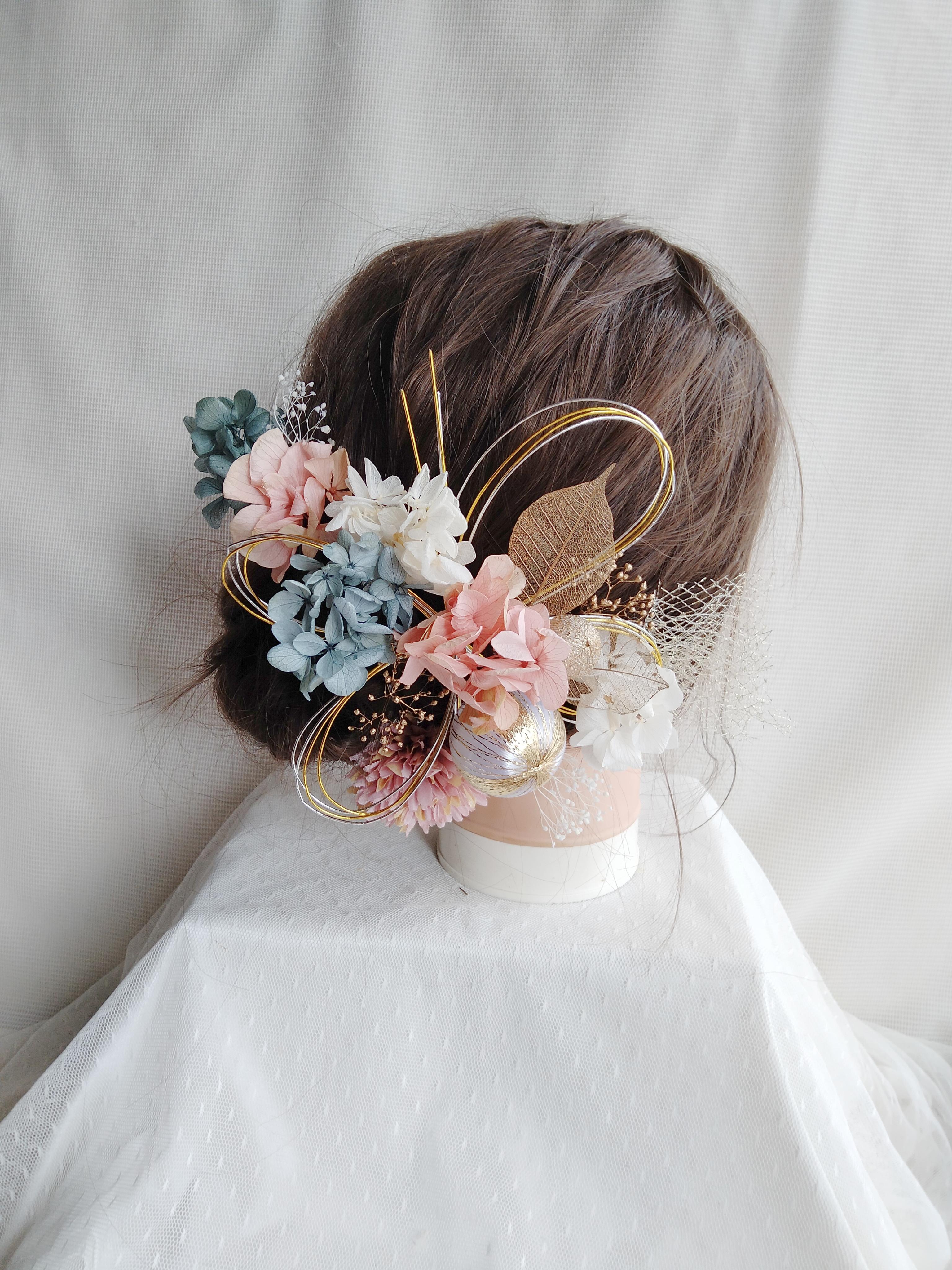 水引と和玉の三色の髪飾り　卒業式　成人式　結婚式　ドライフラワー　プリザーブドフラワー