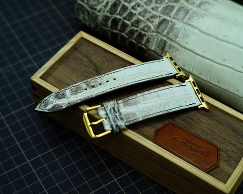 7. ワニ革製　高級時計ベルト 納期1ヶ月】 ジャパンメイド クロコダイル 竹斑 ツヤあり ワニ革