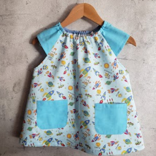 80〜150】宇宙ロケット 水色 半袖スモック ショート袖 スモッグ 子供服