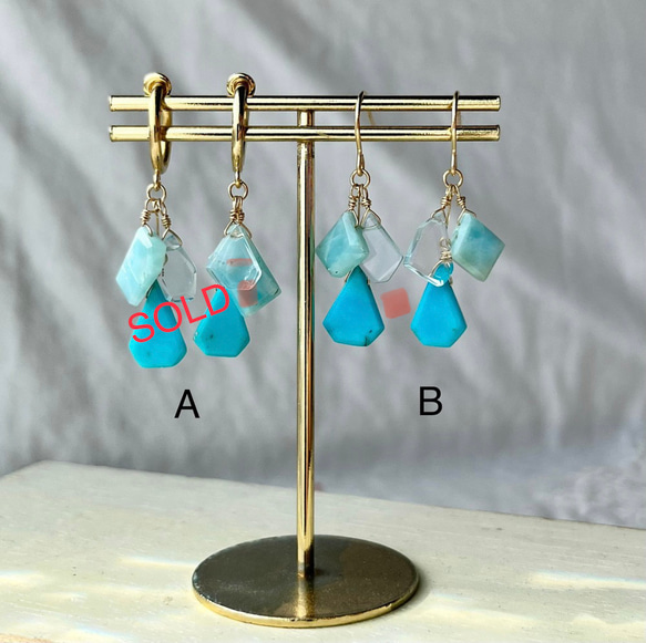 ［おなじ空を見ている］　ラリマー×スリーピングビューティターコイズ×スカイブルートパーズのイヤリング・ピアス 4枚目の画像