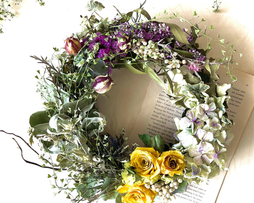 受注制作】薔薇と紫陽花&ラムズイアーとエリカのリース リース SOPO