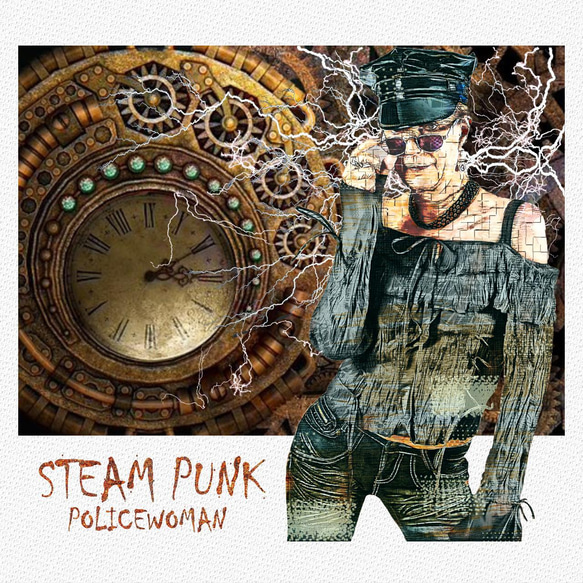 スチームパンク ポリスウーマン ／Tシャツ-sp01 おしゃれ 女性 機械 金属 サビ 錆 稲妻 4枚目の画像