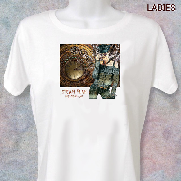 スチームパンク ポリスウーマン ／Tシャツ-sp01 おしゃれ 女性 機械 金属 サビ 錆 稲妻 2枚目の画像