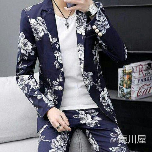 新品 メンズ 2ピーススーツ 花柄 プリントカジュアルスーツ テーラード  