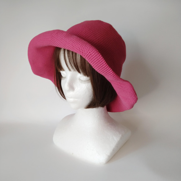【受注制作】コットン糸のつば広帽子のキャペリーヌ（ローズピンク） 4枚目の画像