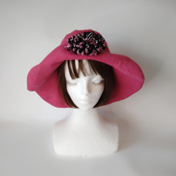 【受注制作】コットン糸のつば広帽子のキャペリーヌ（ローズピンク） 2枚目の画像