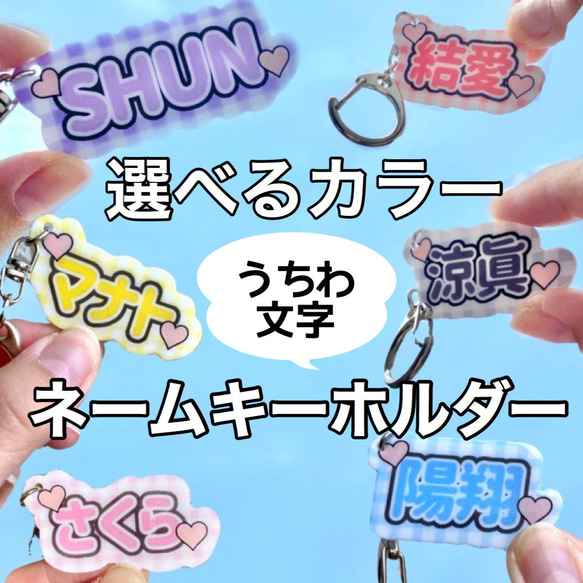 うちわ文字ネームキーホルダー♡チェック柄　名入れ　チャーム 1枚目の画像