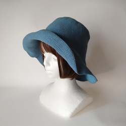 コットン糸のつば広帽子のキャペリーヌ（デニムブルー） 4枚目の画像