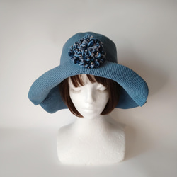 コットン糸のつば広帽子のキャペリーヌ（デニムブルー） 2枚目の画像