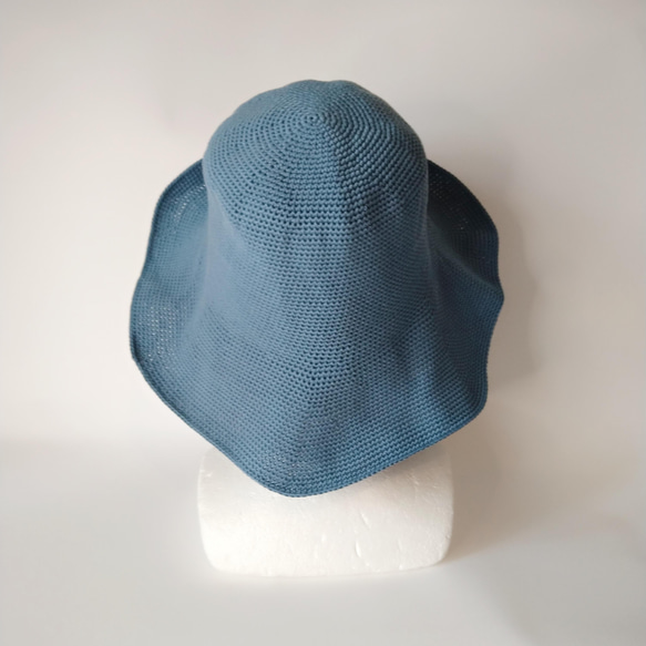 コットン糸のつば広帽子のキャペリーヌ（デニムブルー） 6枚目の画像