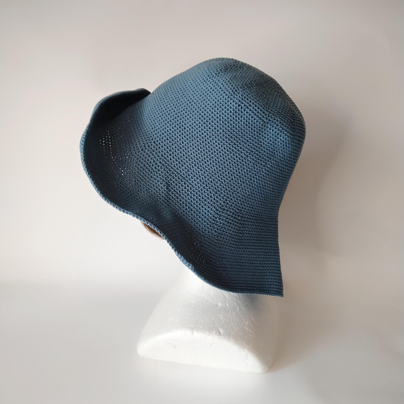 コットン糸のつば広帽子のキャペリーヌ（デニムブルー） 5枚目の画像