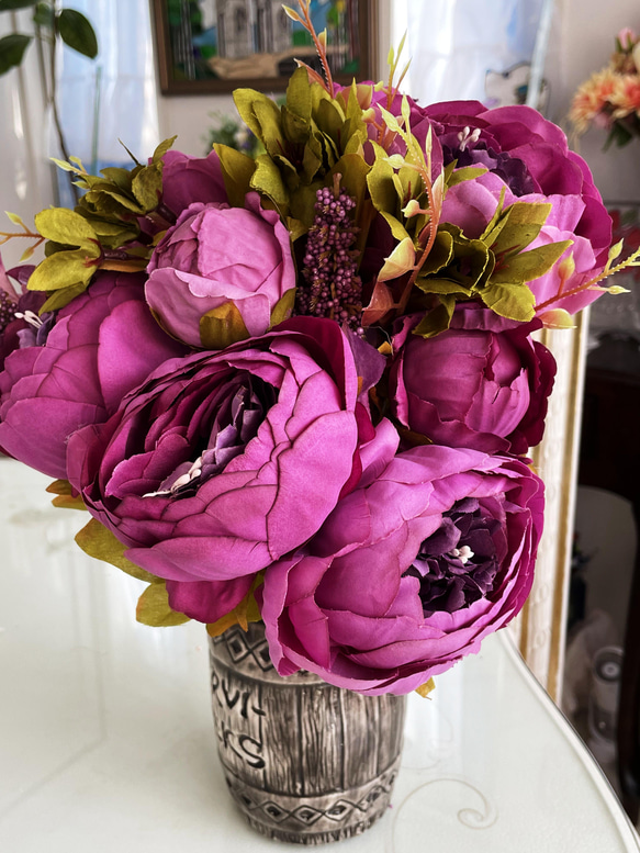 no４,大きめのシャクヤク(紫),つぼみ付き,花束,ヨーロッパスタイル,人工シルク,パーティ 1枚目の画像