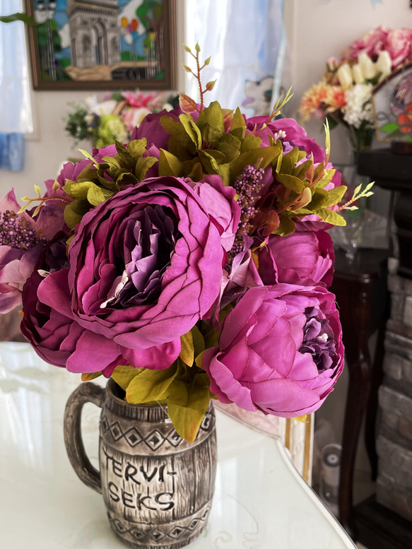 no４,大きめのシャクヤク(紫),つぼみ付き,花束,ヨーロッパスタイル,人工シルク,パーティ 3枚目の画像