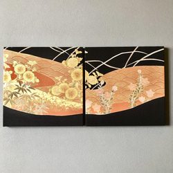 着物のファブリックパネル　黄金の菊花（2枚セット）サスティナブル  着物リメイク　インテリア 2枚目の画像