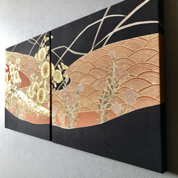 着物のファブリックパネル　黄金の菊花（2枚セット）サスティナブル  着物リメイク　インテリア 3枚目の画像