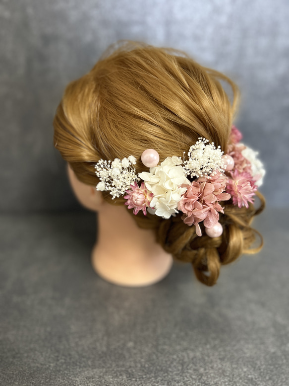 ヘッドドレス 髪飾り ウェディング 卒業式 成人式 可愛い 紫陽花 ドライフラワー ヘアアクセサリー スケルトンリーフ 3枚目の画像