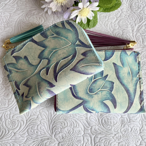 ミニ財布 コンパクト L字ファスナー ❀ ボタニカル柄 型押し ❀ その他