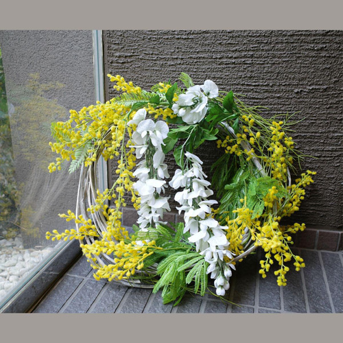 藤の花とミモザのリース 送料無料 造花 大きなリース みもざ 藤 ふじの