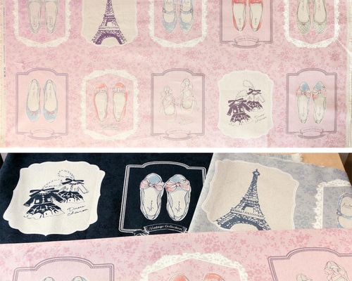 人気生地！『可愛いシューズやエッフェル塔 パネル生地 綿麻キャンバス
