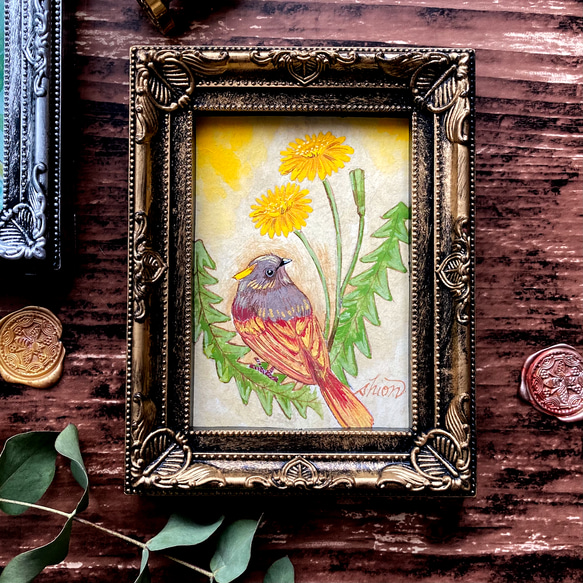 小さな春の花の絵 たんぽぽ インテリアアート 鳥の絵画 かわいい